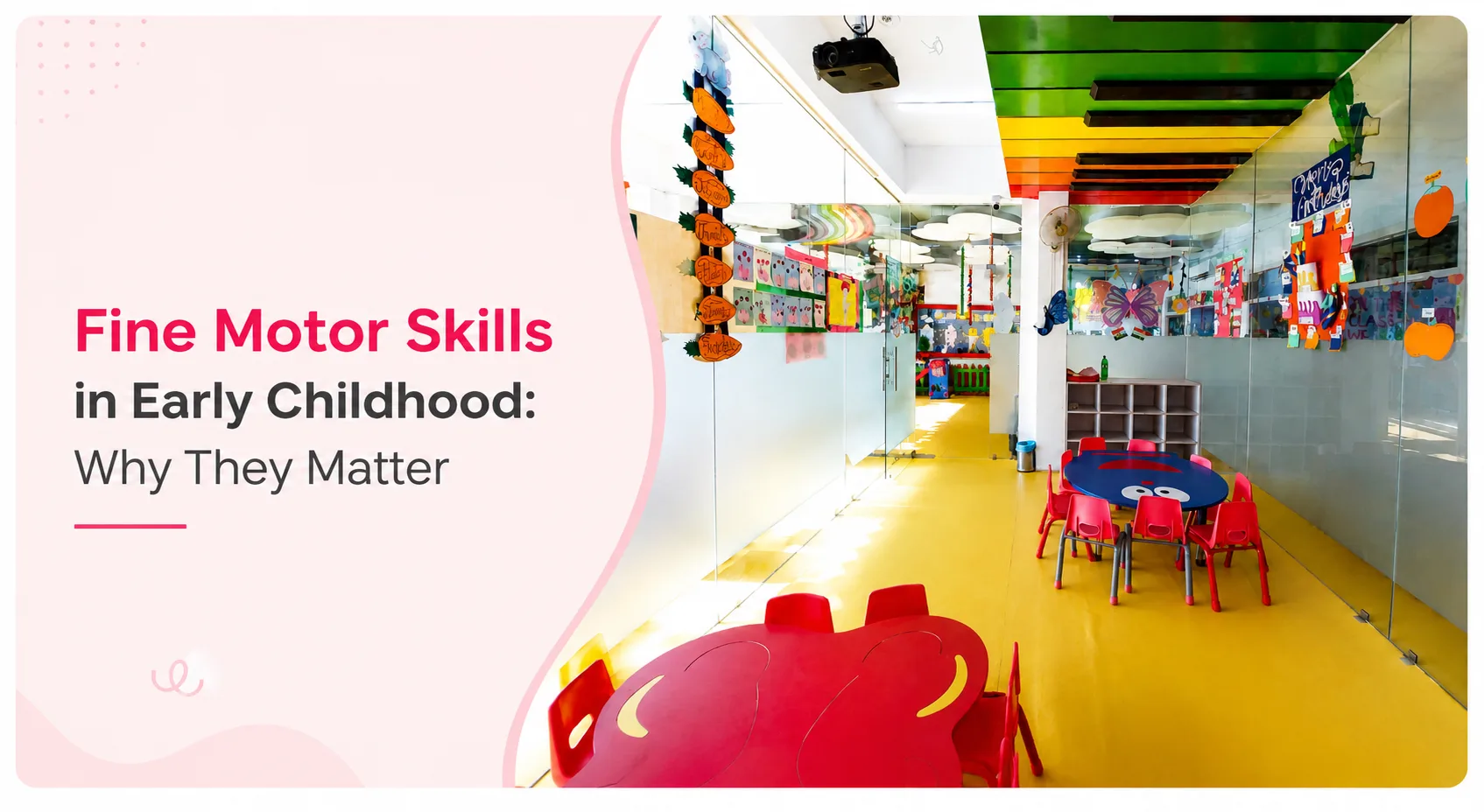 A sunlit yellow-floored activity room at Red Butterfly Play School with children’s artwork lining the walls, Sector 89, Gurugram