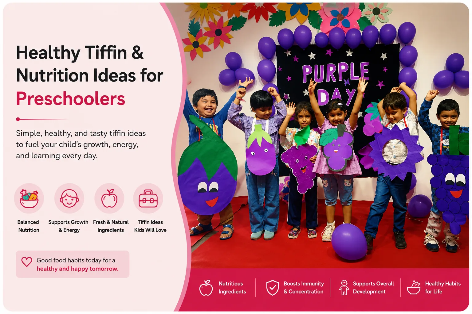 A colourful, balanced tiffin box prepared for a preschooler, styled for Red Butterfly Play School, Sector 89, Gurugram