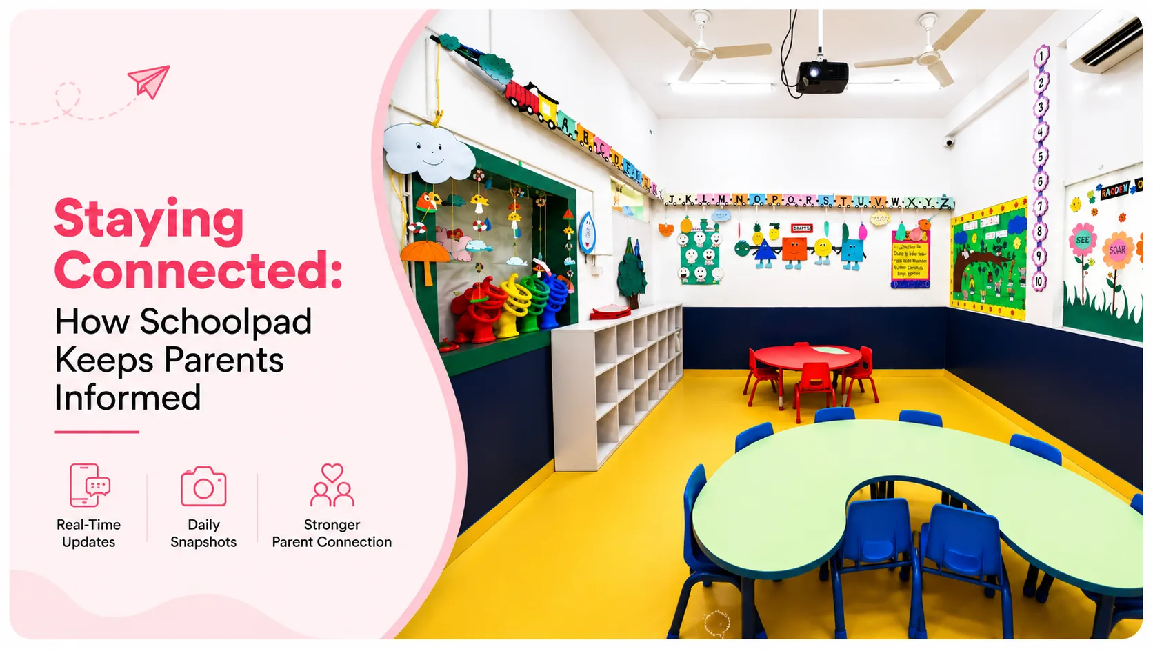 A tidy Red Butterfly classroom with alphabet and number displays and a reading nook, Sector 89, Gurugram