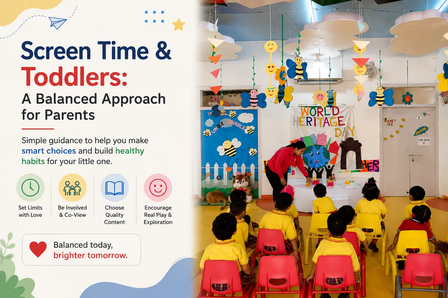 A teacher reading a storybook with young children at Red Butterfly Play School, Sector 89, Gurugram