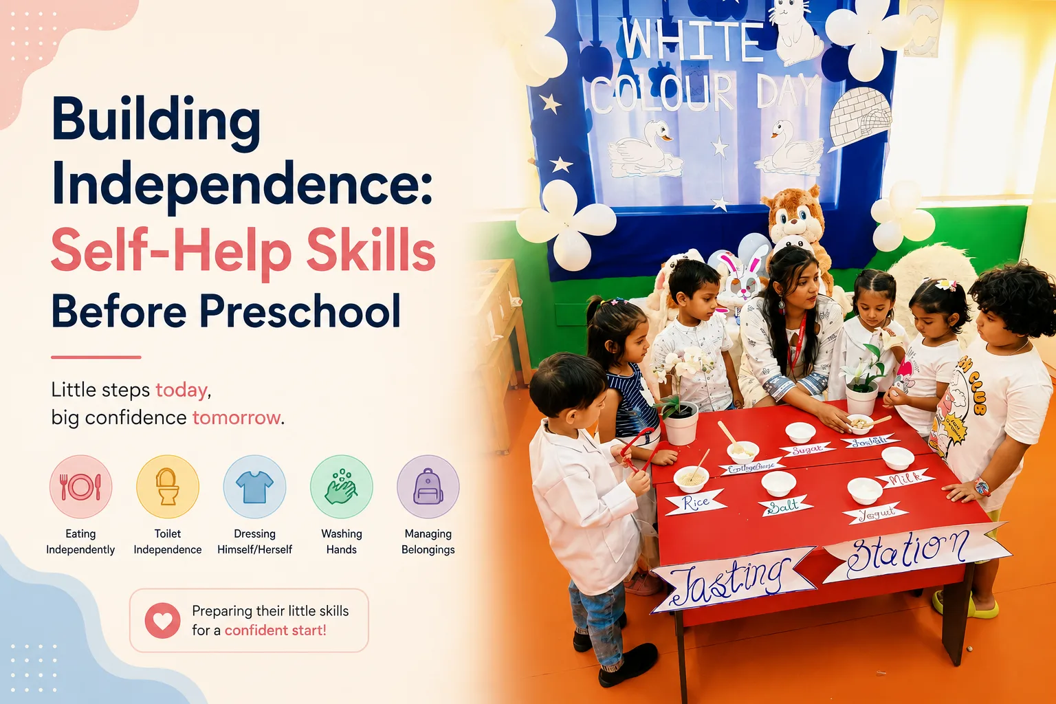 Children practising independence and daily routines at Red Butterfly Play School, Sector 89, Gurugram