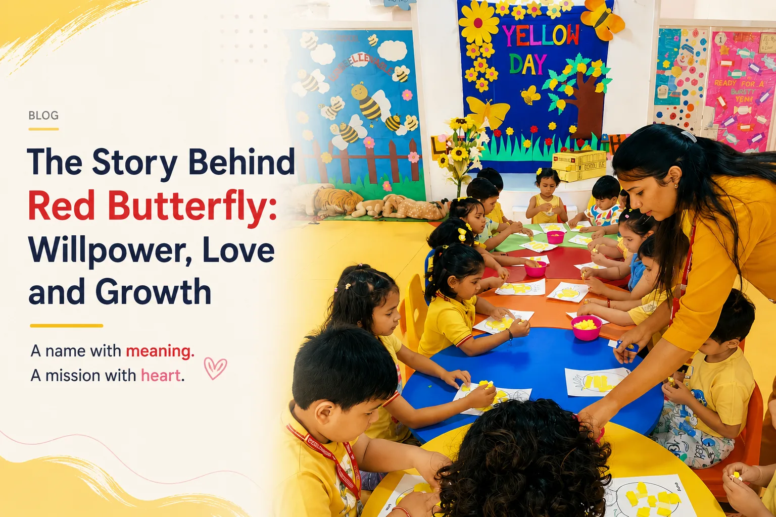 A teacher and children doing a craft activity during Yellow Day at Red Butterfly Play School, Sector 89, Gurugram