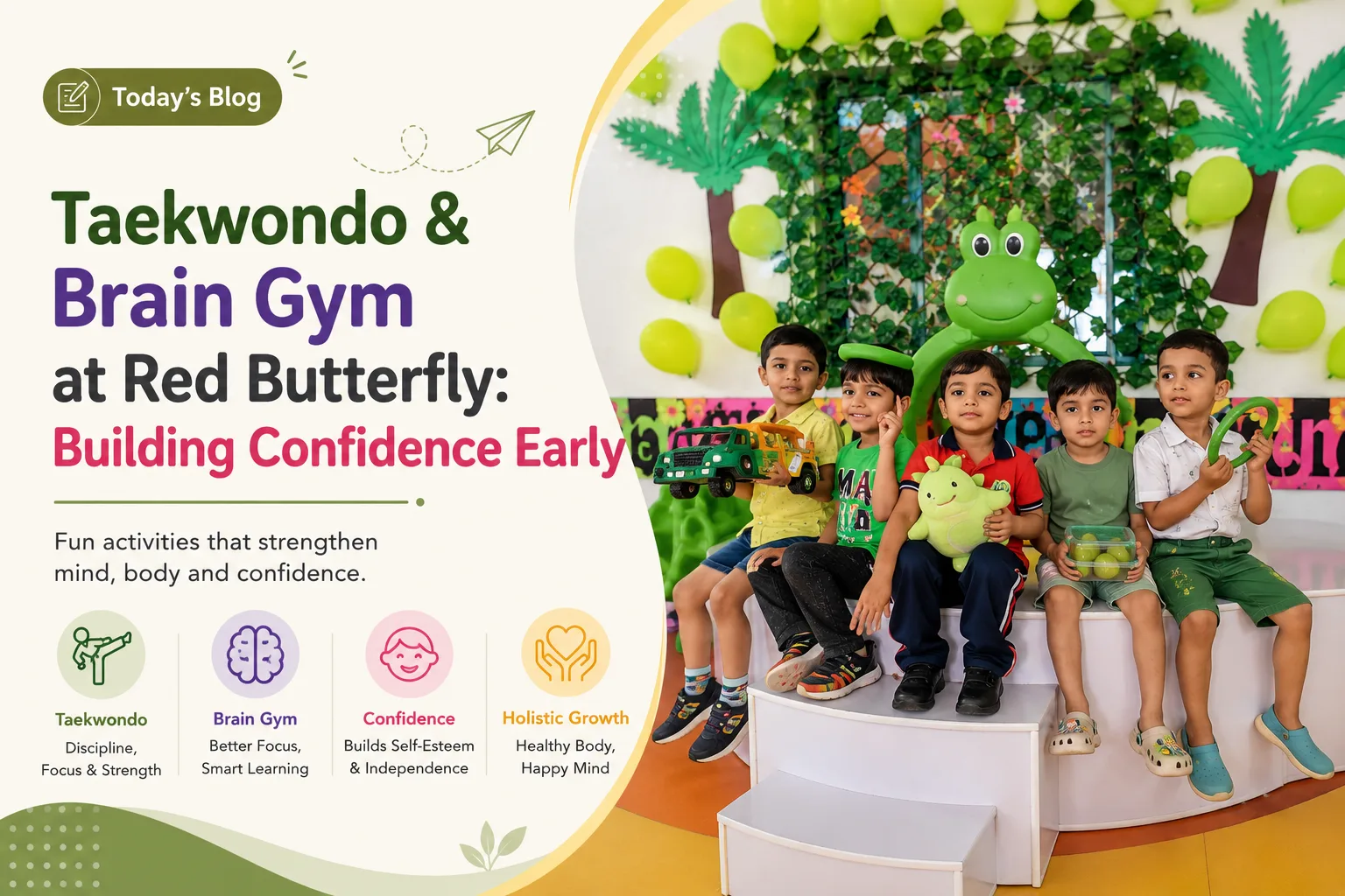 Children posing together during an activity session at Red Butterfly Play School, Sector 89, Gurugram