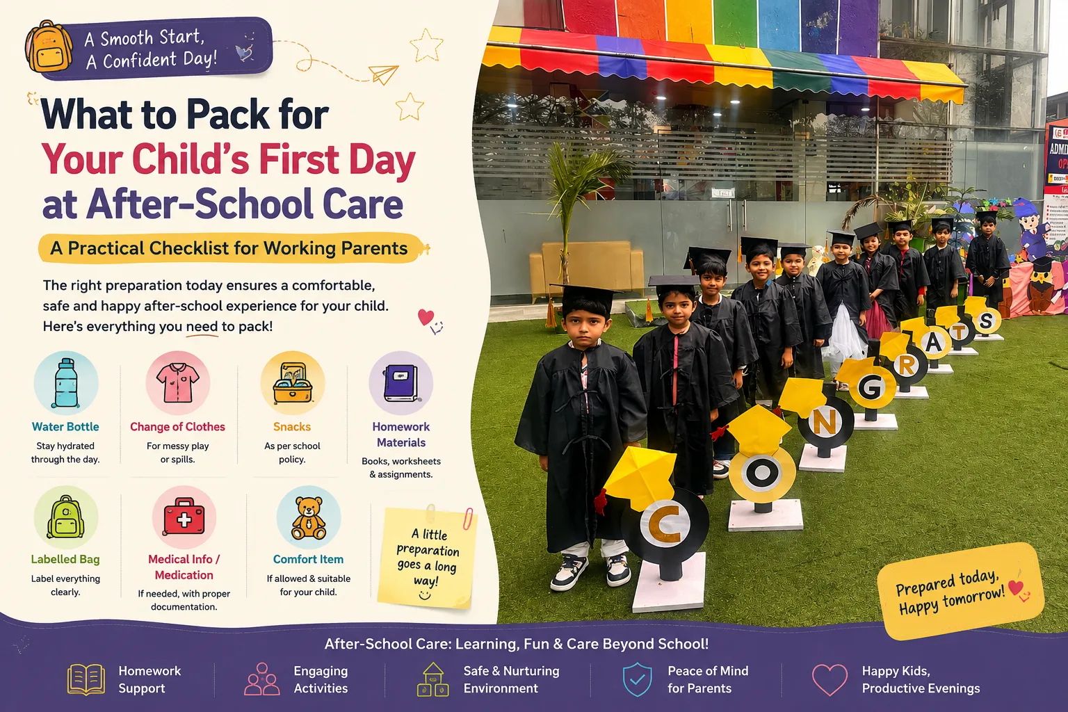 A child's labelled bag prepared for After-School Care at Red Butterfly Play School, Sector 89, Gurugram